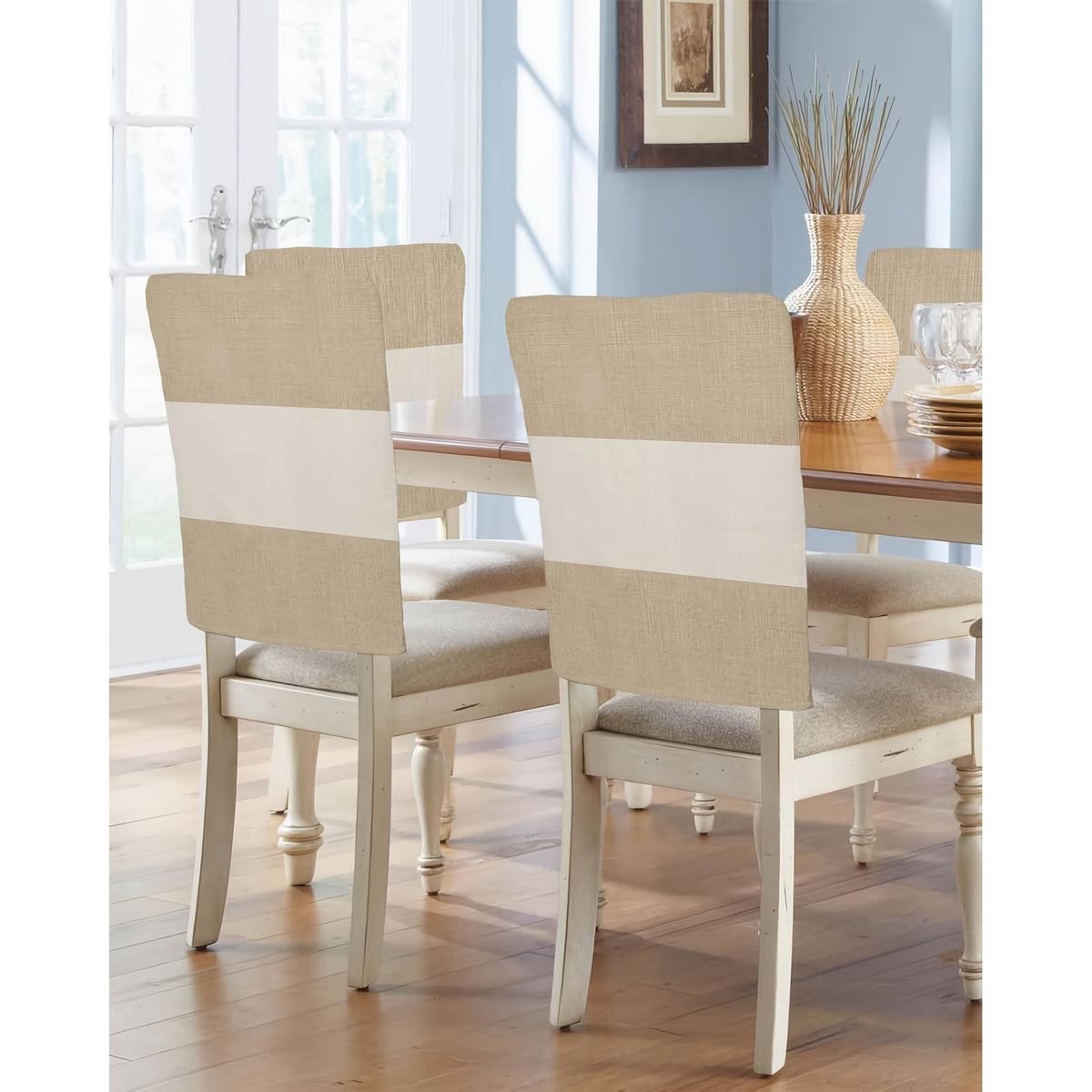Housse de dossier de chaise en lin à bandes kaki, lot de 4