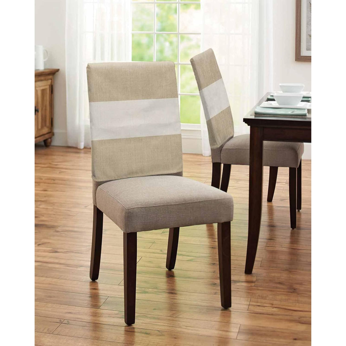 Housse de dossier de chaise en lin à bandes kaki, lot de 4