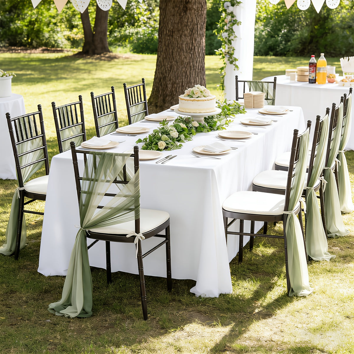 Voile de chaise en tulle vert sauge et crème, lot de 8 pièces