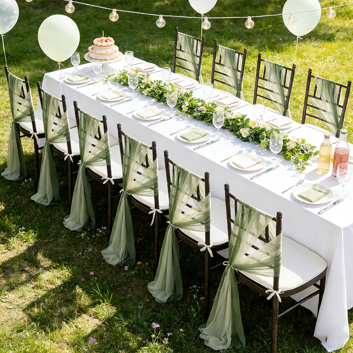Voile de chaise en tulle vert sauge et crème, lot de 8 pièces