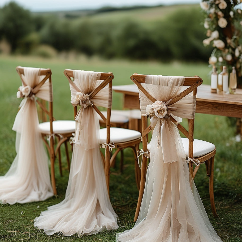 Voile de dossier de chaise en tulle champagne, lot de 20